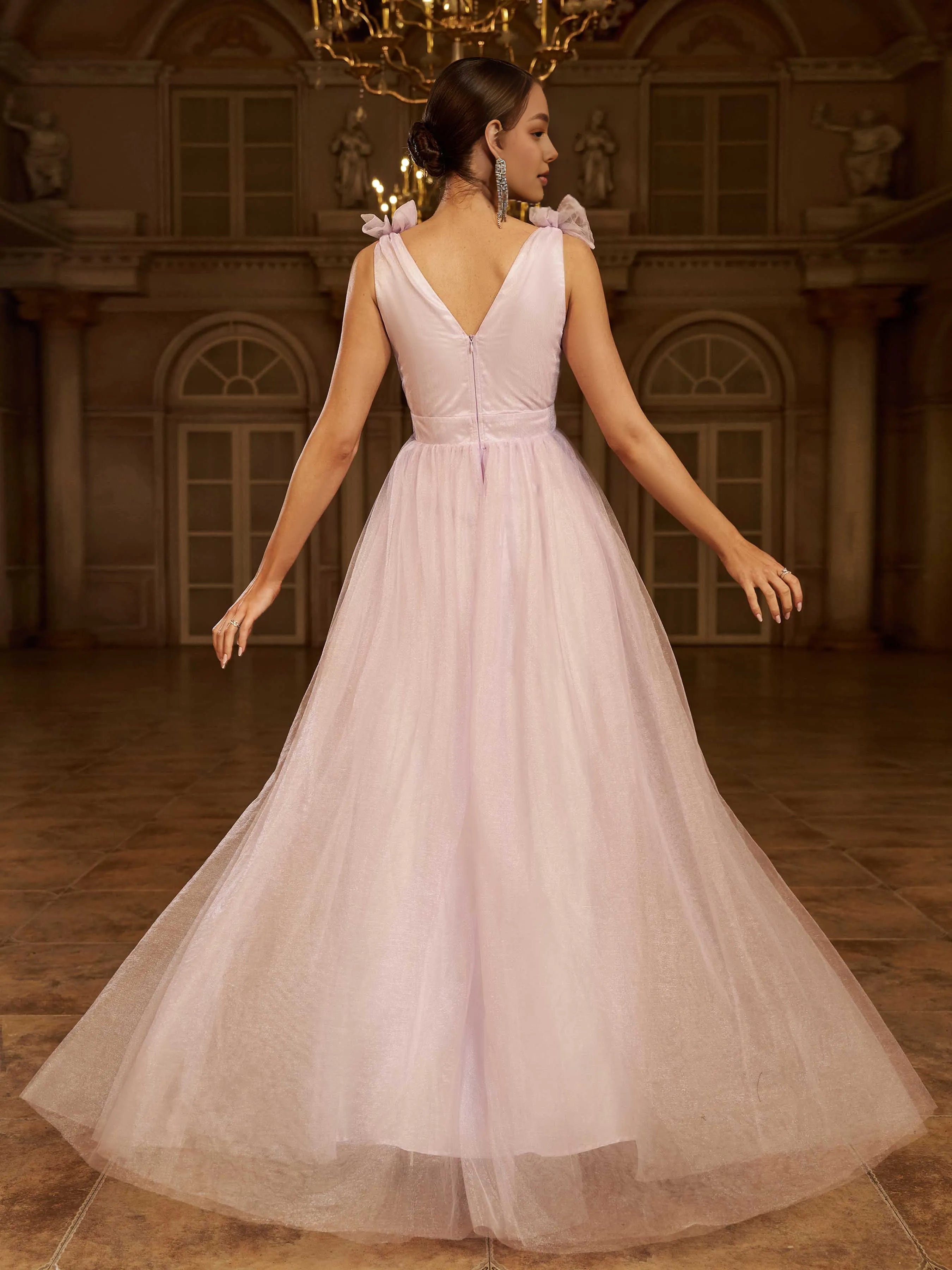 Elegant A-Line V-Neck Sleeveless Zipper Up Floor-Length Prom Dress